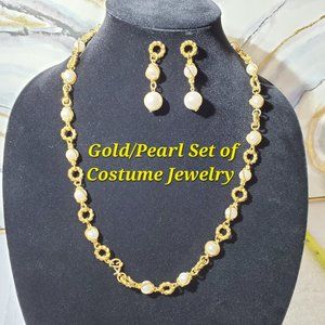 Gold & Pearls Necklace & Dangle Earrings Costume Jewelry